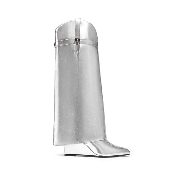 Women’s Fold-Over Knee-high Boots - METALLIC SILVER - 3