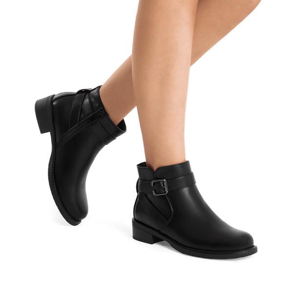 Comfortable Low Block Heel Ankle Boots - BLACK-PU - 1