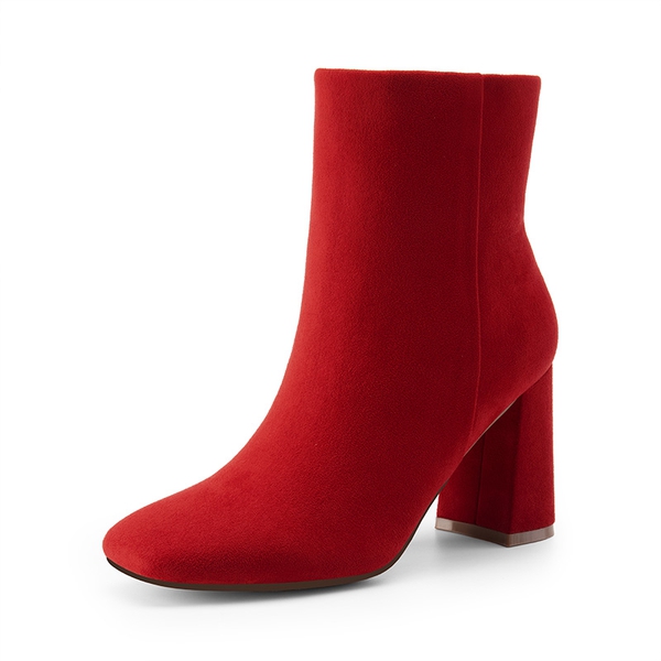 Suqare-Toe Block Heel Ankle Boots - RED-SUEDE -  0