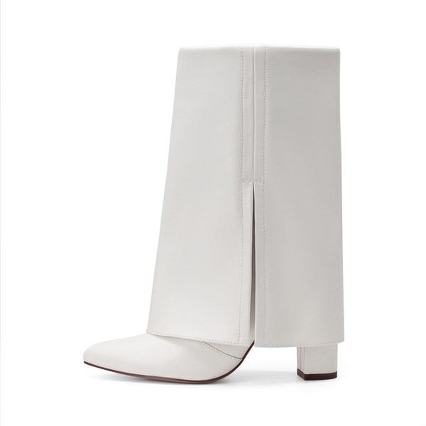 Fold-Over Denim Mid-Calf Boots - WHITE - 3