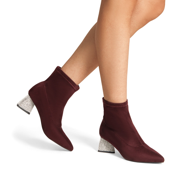 Block Heel Suede Ankle Boots - BURGUNDY - 2