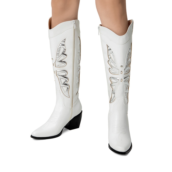 Butterfly Western Knee-high Boots - WHITE/SILVER - 1