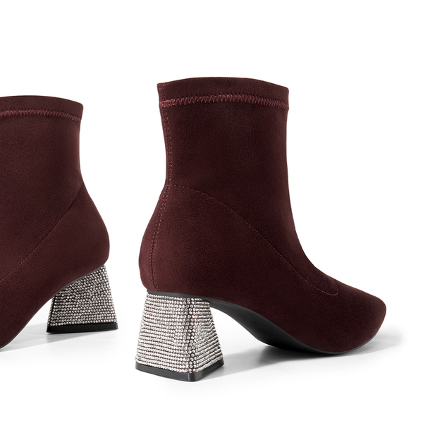Block Heel Suede Ankle Boots - BURGUNDY - 4