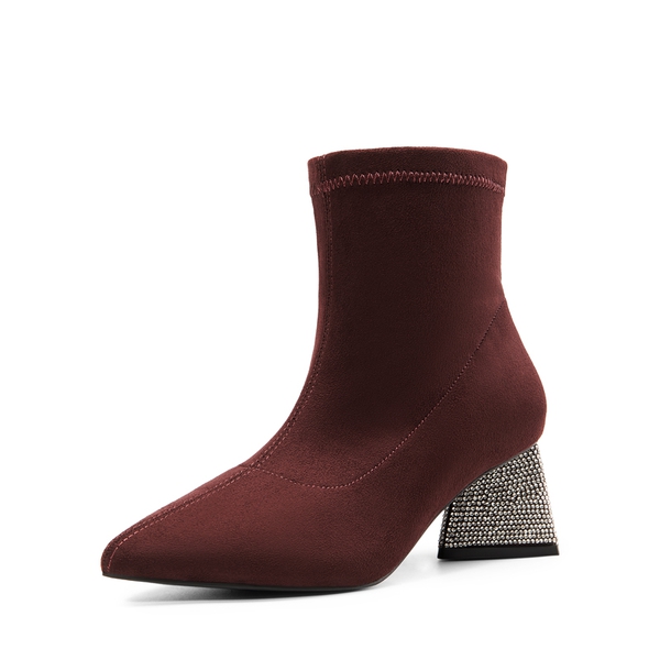 Block Heel Suede Ankle Boots - BURGUNDY -  0