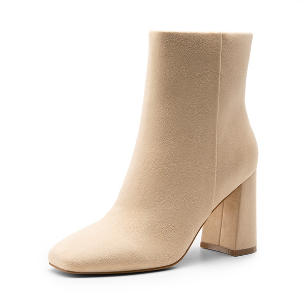 Suqare-Toe Block Heel Ankle Boots - NUDE-SUEDE -  0