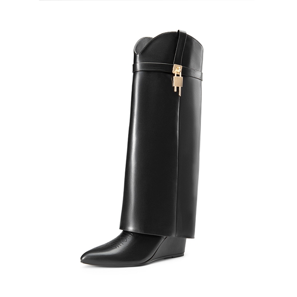 Women’s Fold-Over Knee-high Boots - BLACK-PU -  0