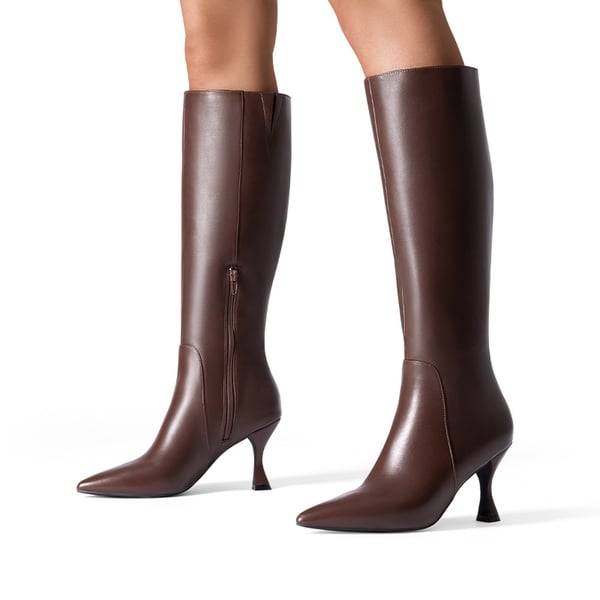 Pointed Toe Stiletto Knee-high Boots - BROWN-PU - 1