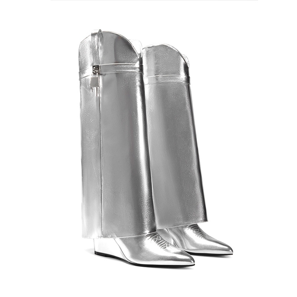 Women’s Fold-Over Knee-high Boots - METALLIC SILVER - 5