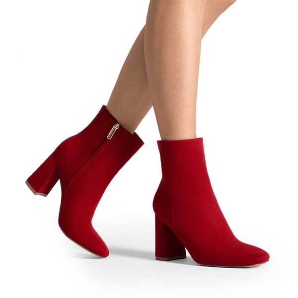 Suqare-Toe Block Heel Ankle Boots - RED-SUEDE - 2