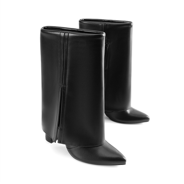 Fold-Over Denim Mid-Calf Boots - BLACK - 5