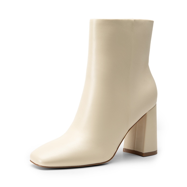 Suqare-Toe Block Heel Ankle Boots - IVORY WHITE-PU -  0