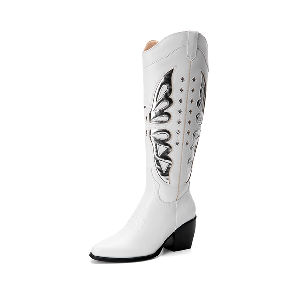 Butterfly Western Knee-high Boots - WHITE/SILVER -  0