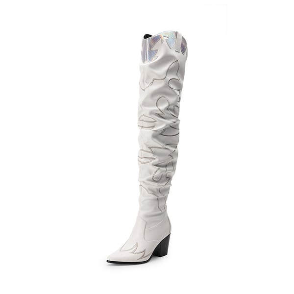 Western Embroidery Thigh High Boots - WHITE -  0