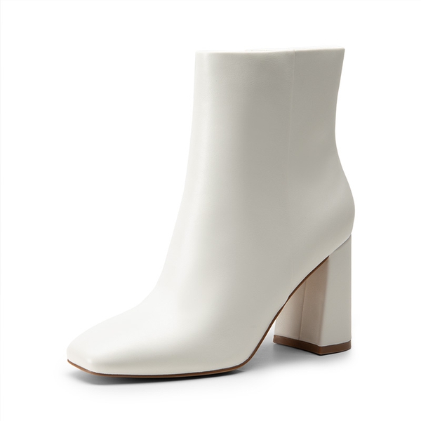 Suqare-Toe Block Heel Ankle Boots - WHITE-PU -  0