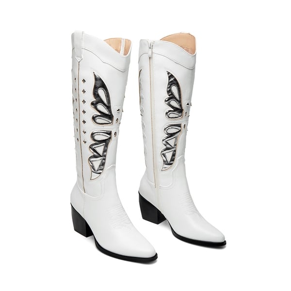 Butterfly Western Knee-high Boots - WHITE/SILVER - 5