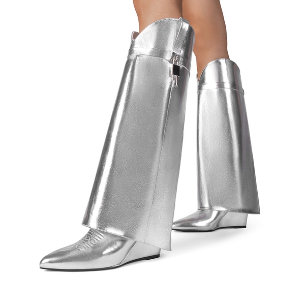 Women’s Fold-Over Knee-high Boots - METALLIC SILVER - 1