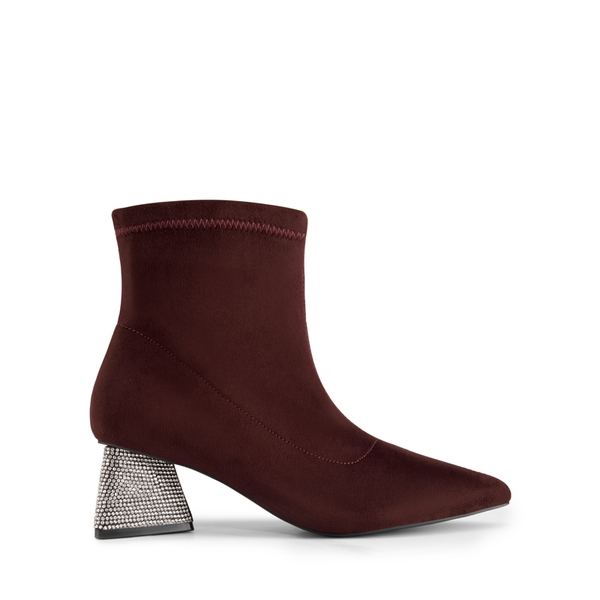 Block Heel Suede Ankle Boots - BURGUNDY - 3