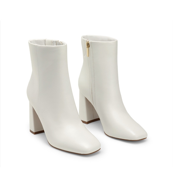 Suqare-Toe Block Heel Ankle Boots - WHITE-PU - 4