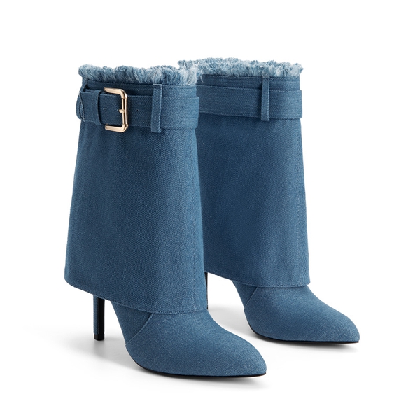 Women’s Foldover Pointed Toe Stiletto Boots - DENIM BLUE - 3