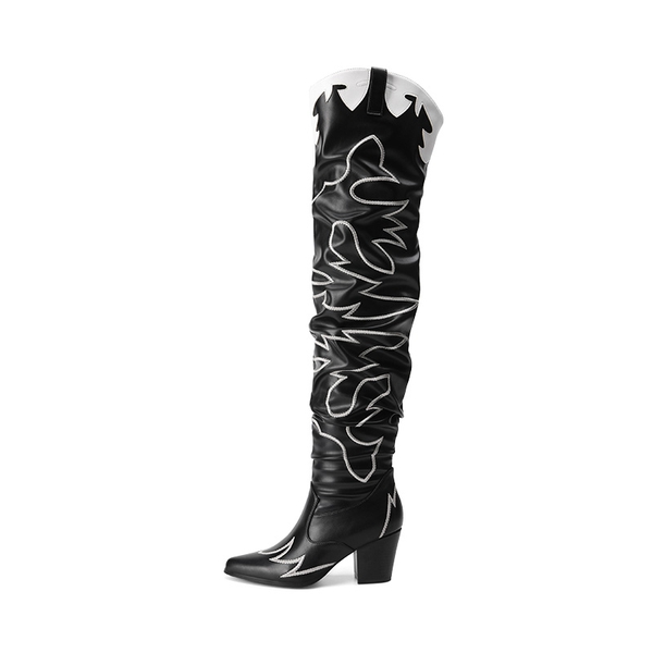 Western Embroidery Thigh High Boots - BLACK - 3