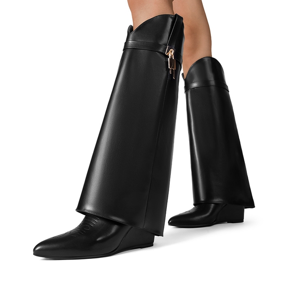 Women’s Fold-Over Knee-high Boots - BLACK-PU - 1