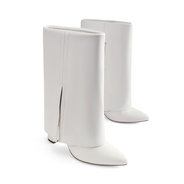 Fold-Over Denim Mid-Calf Boots - WHITE - 5