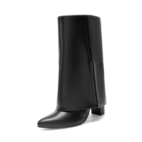 Fold-Over Denim Mid-Calf Boots - BLACK -  0