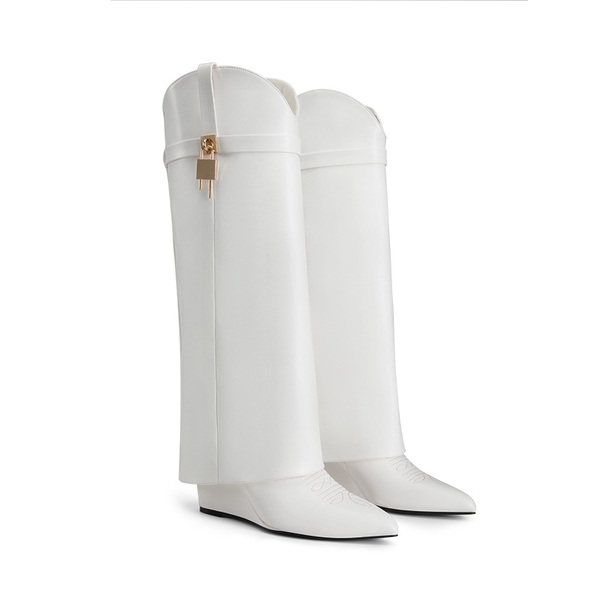Women’s Fold-Over Knee-high Boots - WHITE-PU - 5