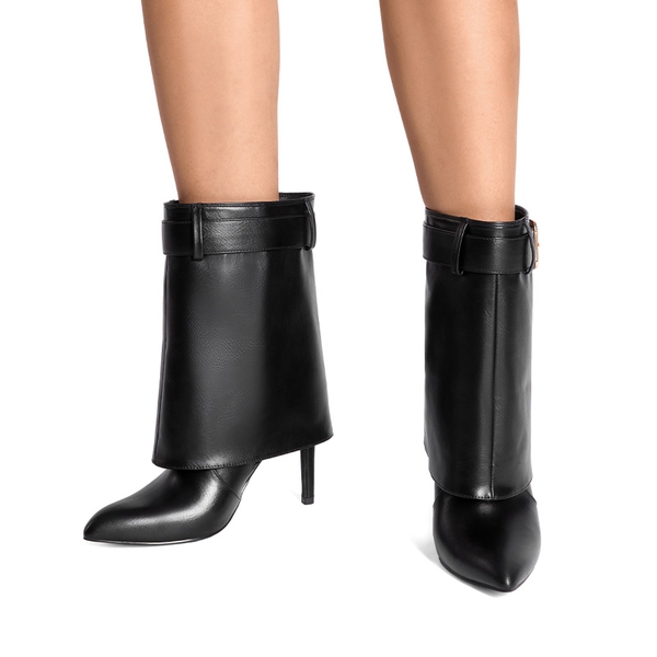 Stiletto Fold-Over Mid-calf Boots - BLACK - 1
