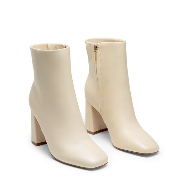 Suqare-Toe Block Heel Ankle Boots - IVORY WHITE-PU - 4