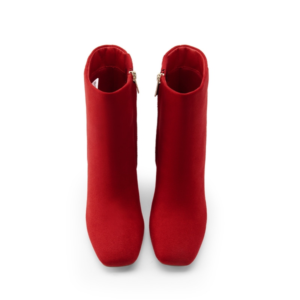 Suqare-Toe Block Heel Ankle Boots - RED-SUEDE - 3