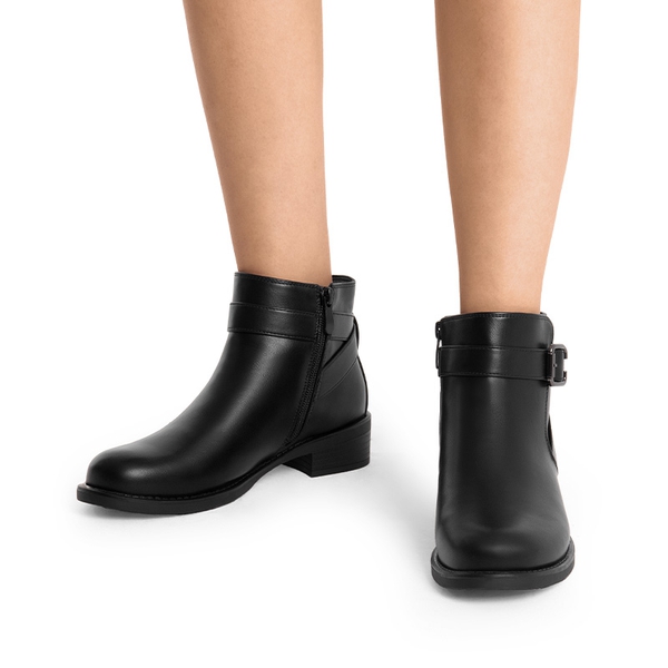 Comfortable Low Block Heel Ankle Boots - BLACK-PU - 2