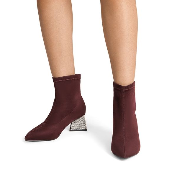 Block Heel Suede Ankle Boots - BURGUNDY - 1