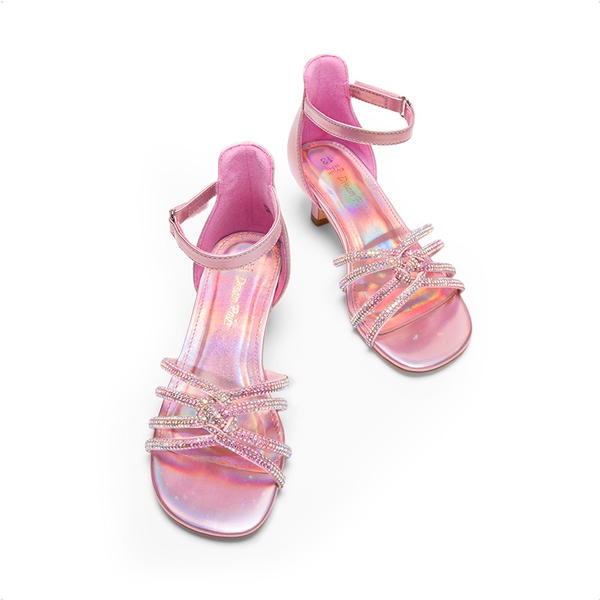 Kids' Rhinestone Metallic Kitten Heel Sandals - PINK - 1