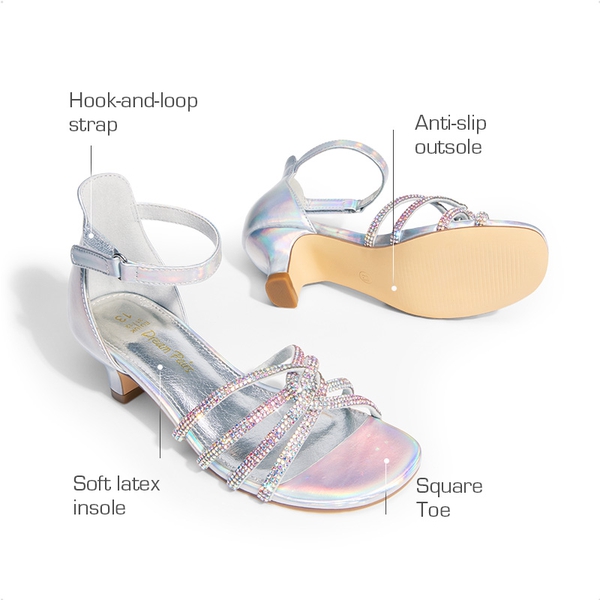 Kids' Rhinestone Metallic Kitten Heel Sandals - SILVER - 4
