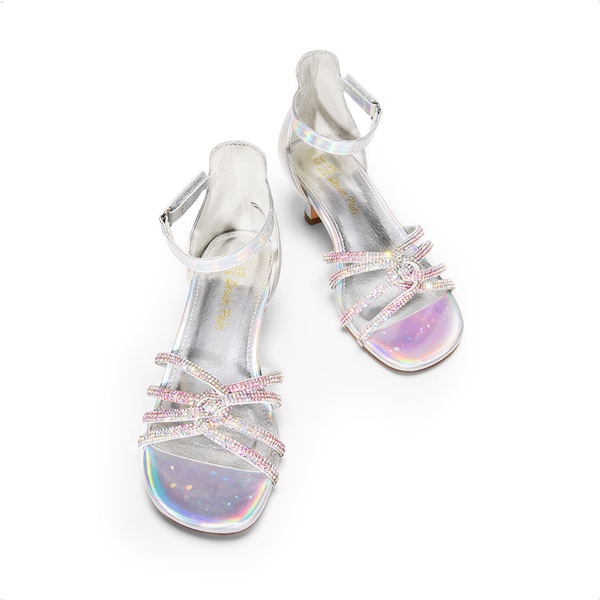 Kids' Rhinestone Metallic Kitten Heel Sandals - SILVER - 1