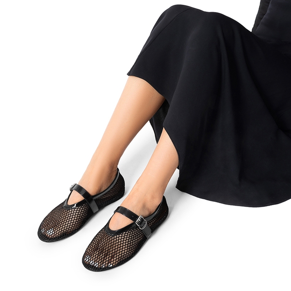 BLACK Women's Fishnet Mary Jane Ballet Flats
