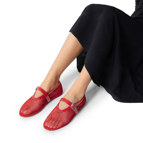  Women's Fishnet Ballet Flats - RED - 3