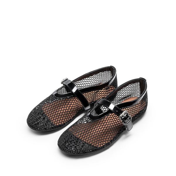 BLACK Women's Fishnet Mary Jane Ballet Flats