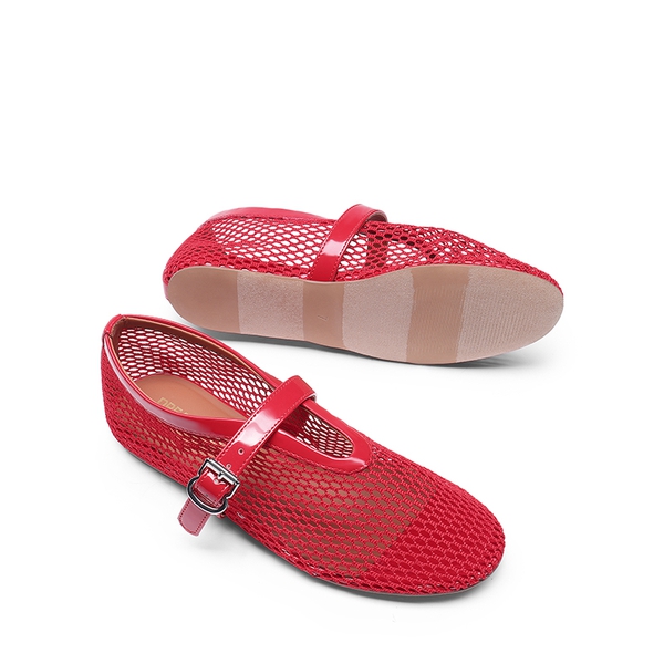  Women's Fishnet Ballet Flats - RED - 5