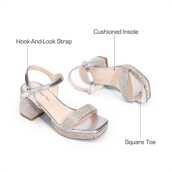 DREAM PAIRS Girls Sandals Open Toe Low Block Chunky Heels Sandals Party Dress Pumps Shoes for Little Big Kid - SILVER-METALLIC - 5
