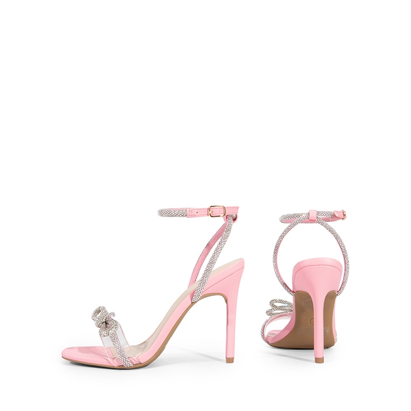 Bowknots Square Toe Rhinestone Heels - PINK-PU - 5