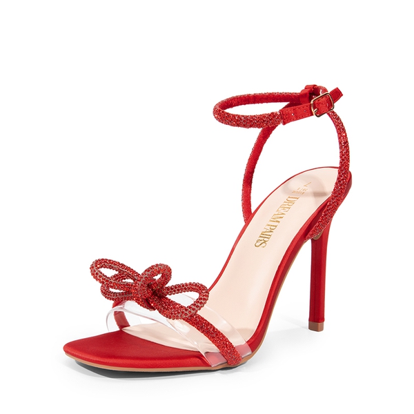 Bowknots Square Toe Rhinestone Heels - RED-SATIN -  0