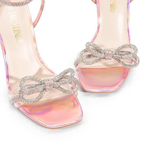 Bowknots Square Toe Rhinestone Heels - RAINBOW PINK-PU - 6
