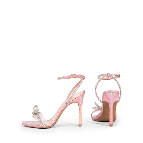 Bowknots Square Toe Rhinestone Heels - RAINBOW PINK-PU - 5