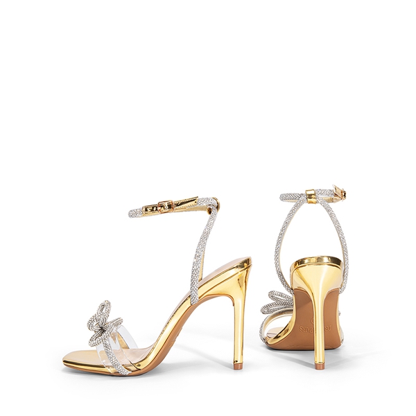 Bowknots Square Toe Rhinestone Heels - GOLD-PAT - 6