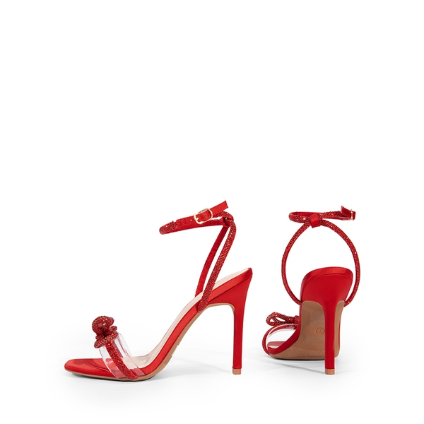 Bowknots Square Toe Rhinestone Heels - RED-SATIN - 5