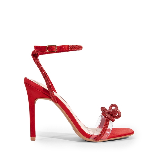 Bowknots Square Toe Rhinestone Heels - RED-SATIN - 3