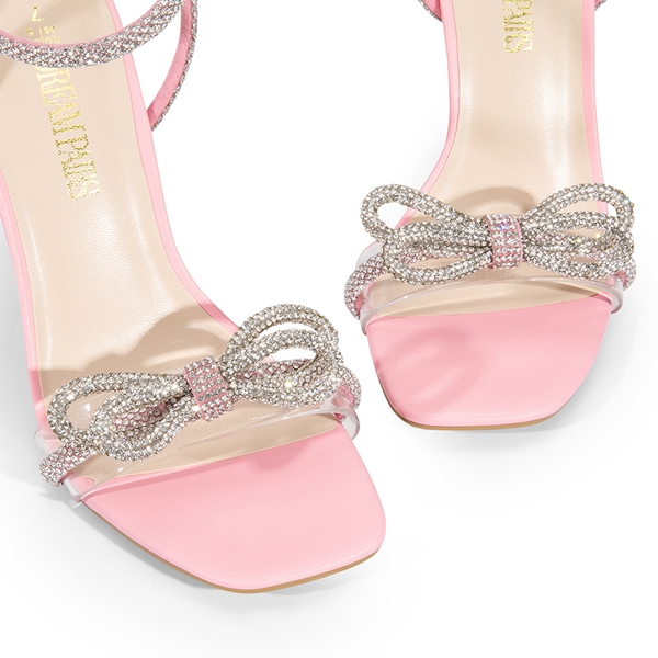 Bowknots Square Toe Rhinestone Heels - PINK-PU - 6