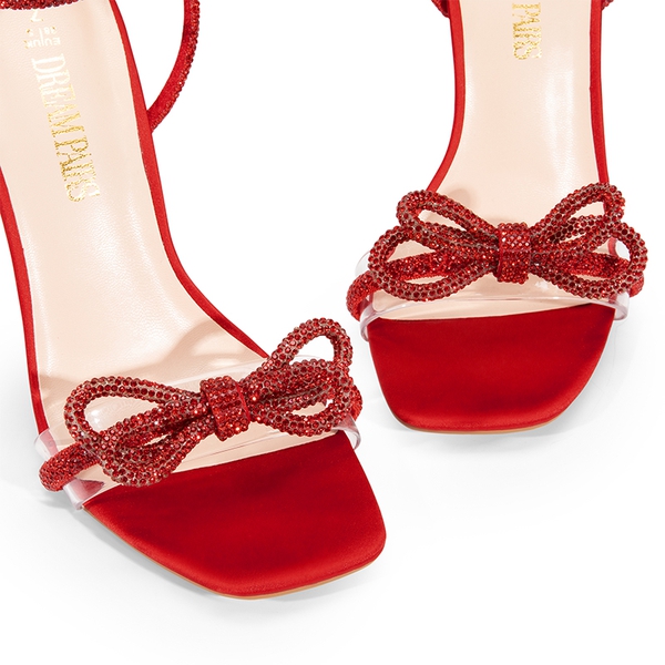 Bowknots Square Toe Rhinestone Heels - RED-SATIN - 6